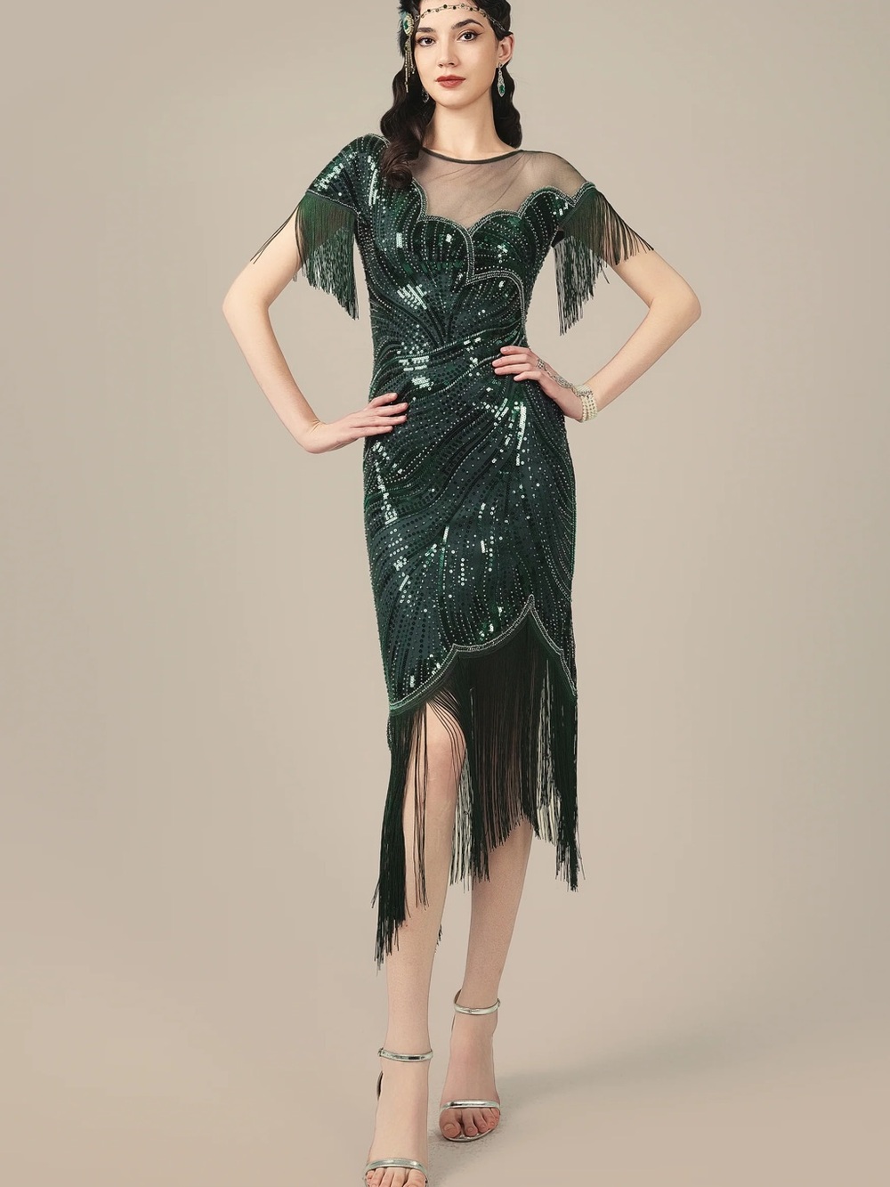 Floral Contour Fringe Sequined Flapper Dress SZ 2
